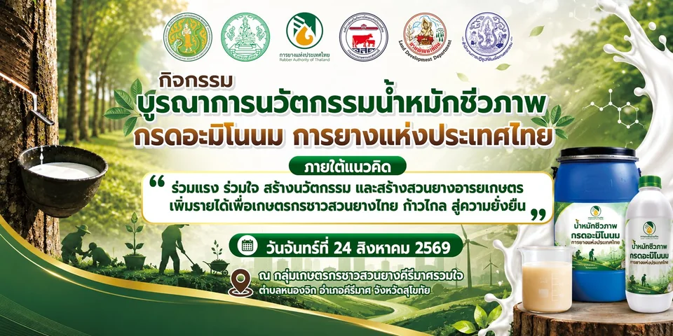ป้ายประชาสัมพันธ์กิจกรรมบูรณาการนวัตกรรมน้ำหมักชีวภาพกรดอะมิโนนม การยางแห่งประเทศไทย วันจันทร์ที่ 24 สิงหาคม 2569 ณ กลุ่มเกษตรกรชาวสวนยางคีรีมาศรวมใจ ตำบลหนองจิก อำเภอคีรีมาศ จังหวัดสุโขทัย